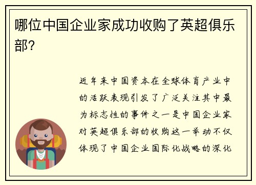 哪位中国企业家成功收购了英超俱乐部？